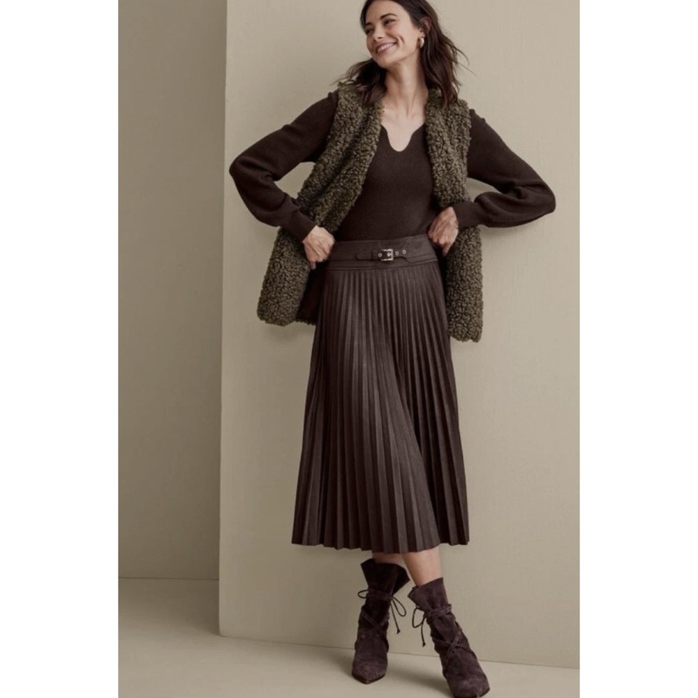 Soft Surroundings Lavina Faux Suede Pleated Stretch Skirt Belted Dark Brown S - Picture 4 of 16